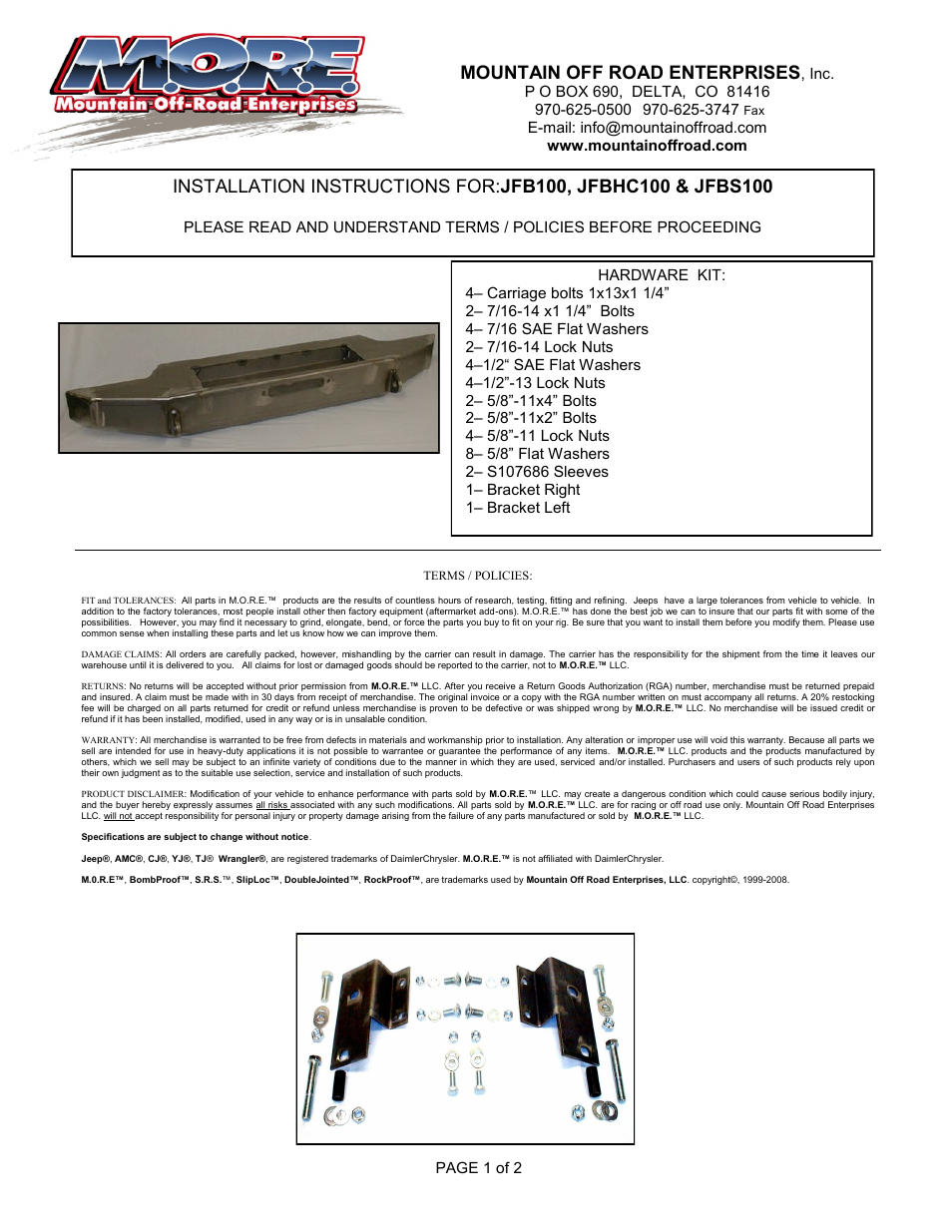 Mountain Off Road JFBS100 User Manual | 2 pages