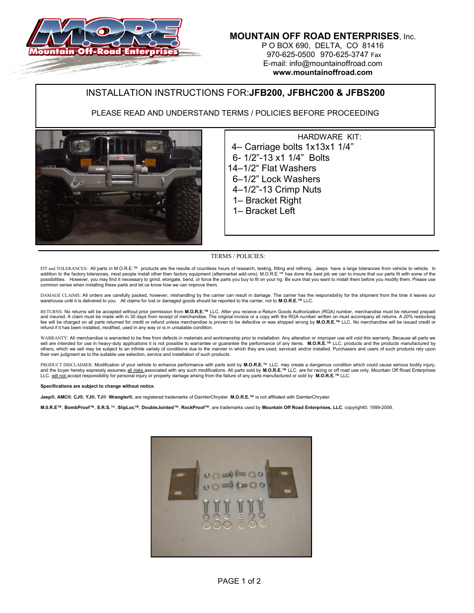 Mountain Off Road JFBS200 User Manual | 2 pages
