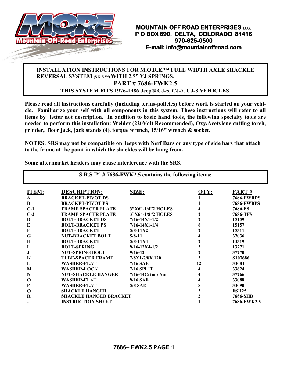 Mountain Off Road 7686-FWK2.5 User Manual | 8 pages