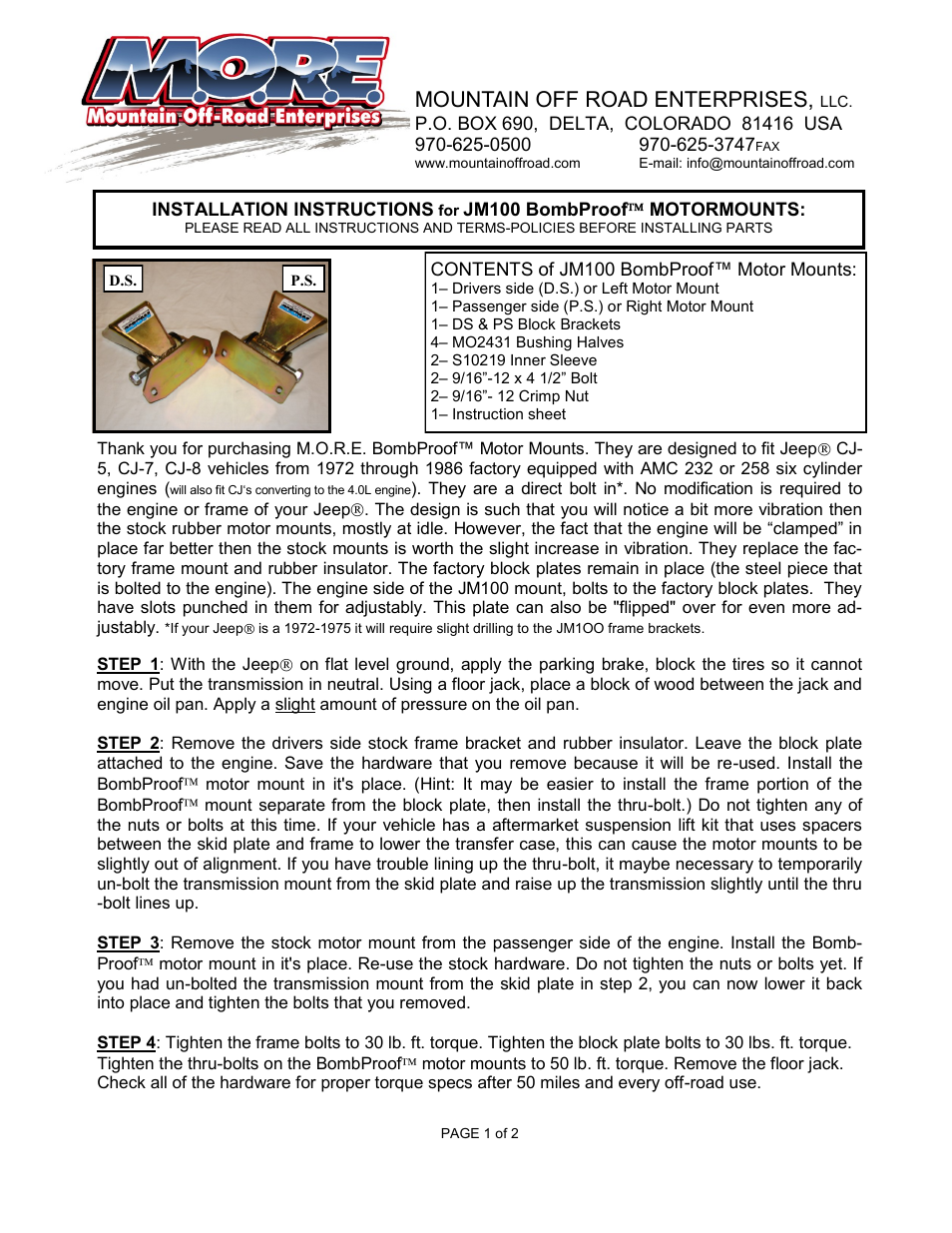 Mountain Off Road JM100 User Manual | 2 pages