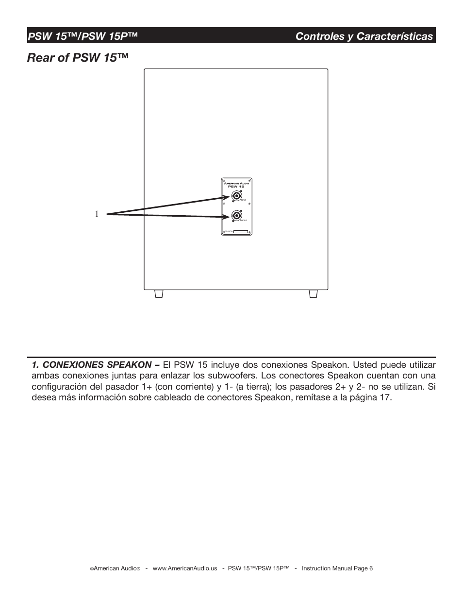 Rear of psw 15, Psw 15™/psw 15p™ controles y características | American International PSW 15TM User Manual | Page 6 / 15