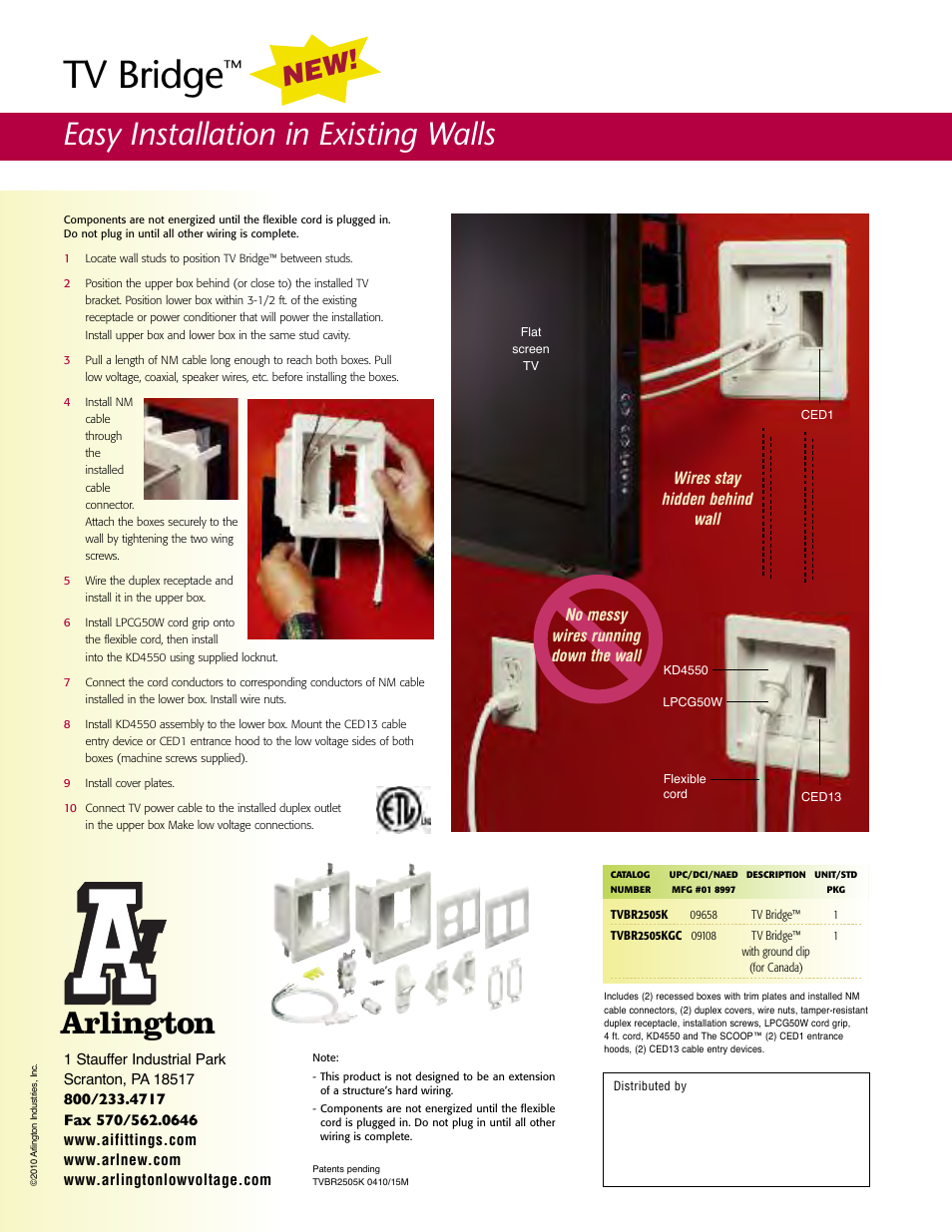 Tv bridge, Arlington, Easy installation in existing walls | No messy wires running down the wall, Wires stay hidden behind wall | Arlington TV BRIDGE TVBR2505K User Manual | Page 2 / 2