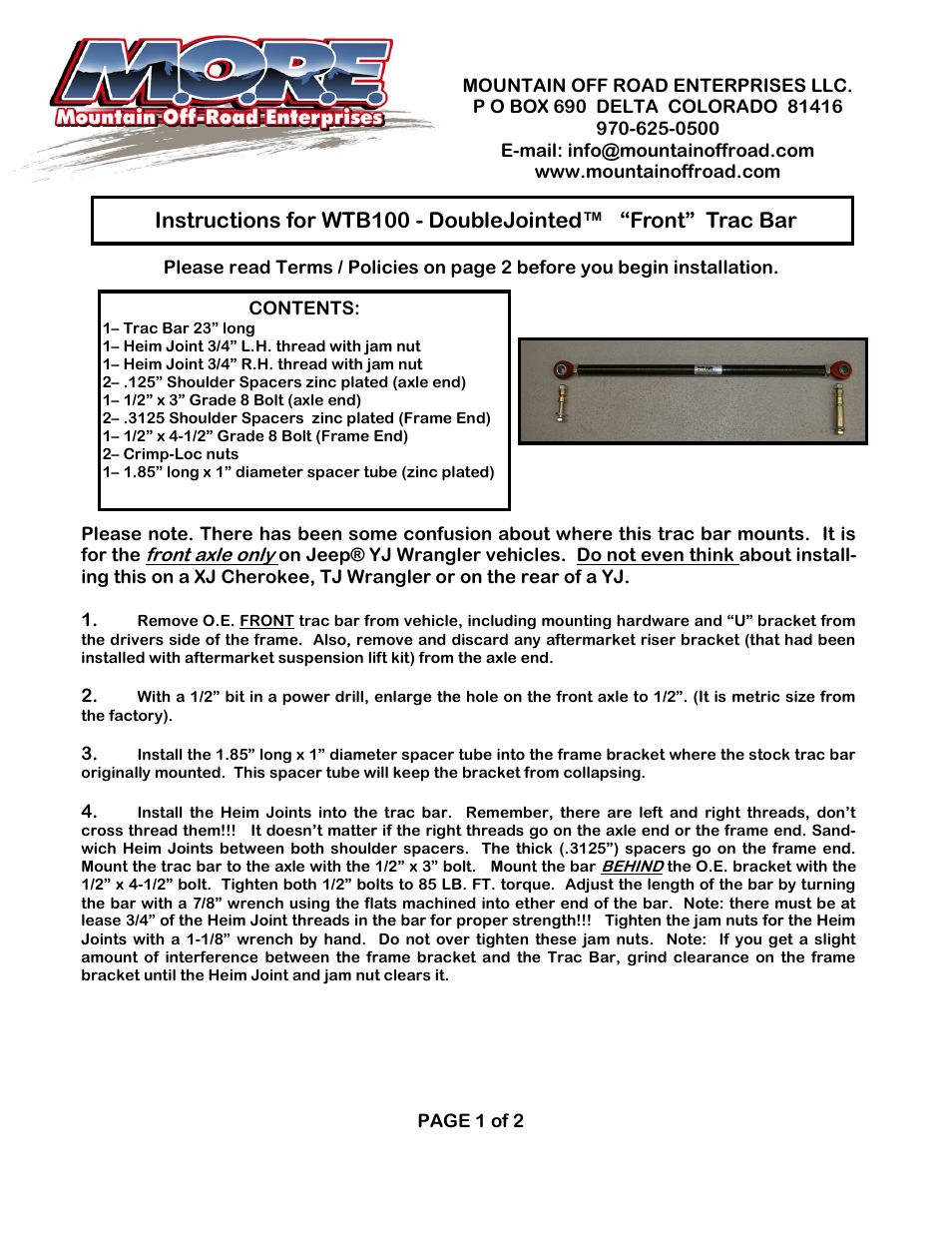 Mountain Off Road WTB100 User Manual | 2 pages