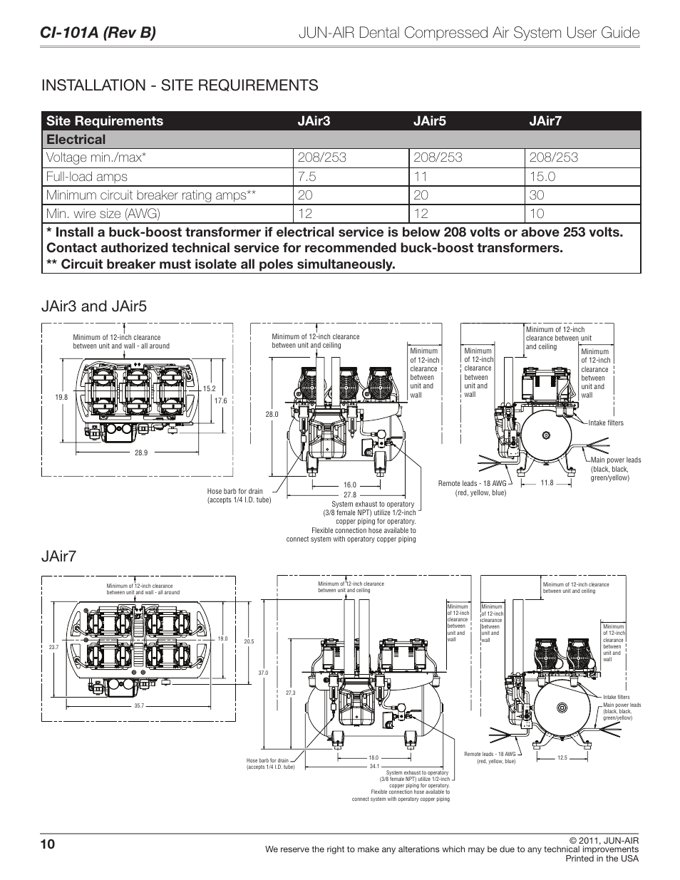 Installation - site requirements, Jair3 and jair5 jair7 | JUN-AIR JAir Dental Compressed Air System User Manual | Page 10 / 22
