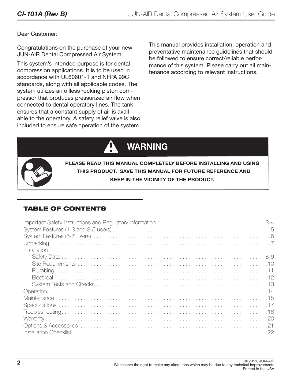 Warning | JUN-AIR JAir Dental Compressed Air System User Manual | Page 2 / 22