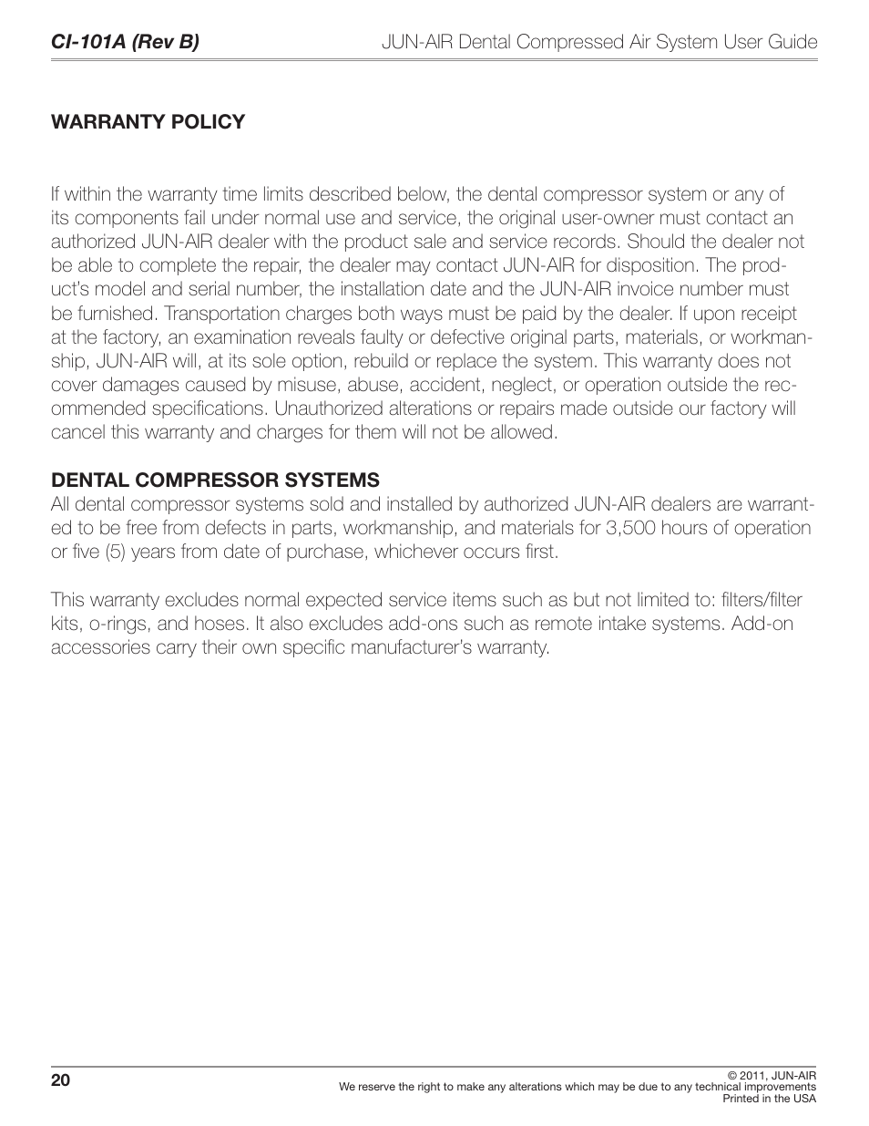 JUN-AIR JAir Dental Compressed Air System User Manual | Page 20 / 22
