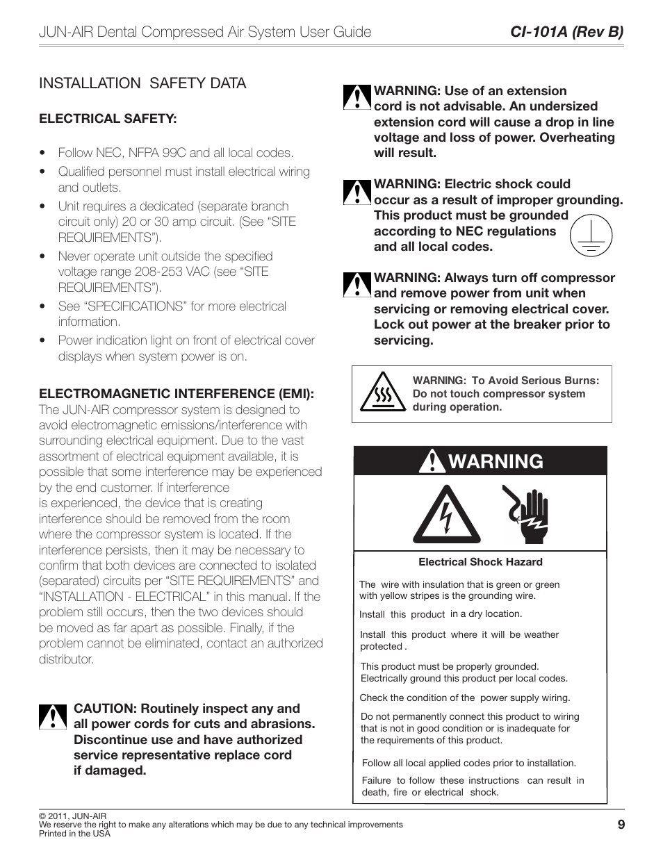 Warning | JUN-AIR JAir Dental Compressed Air System User Manual | Page 9 / 22
