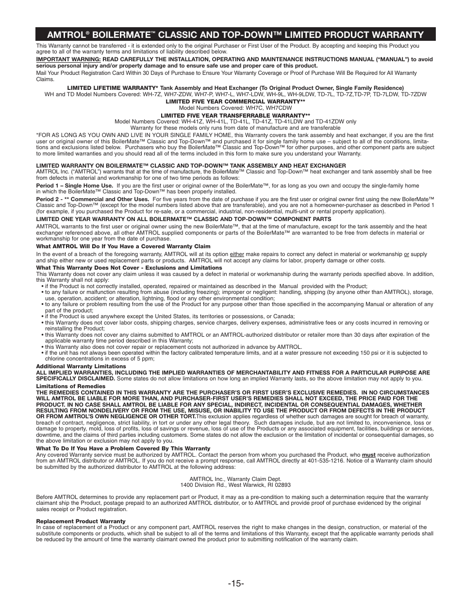 Amtrol, Boilermate, Classic and top-down™ limited product warranty | Amtrol TD-7ZDW User Manual | Page 15 / 16