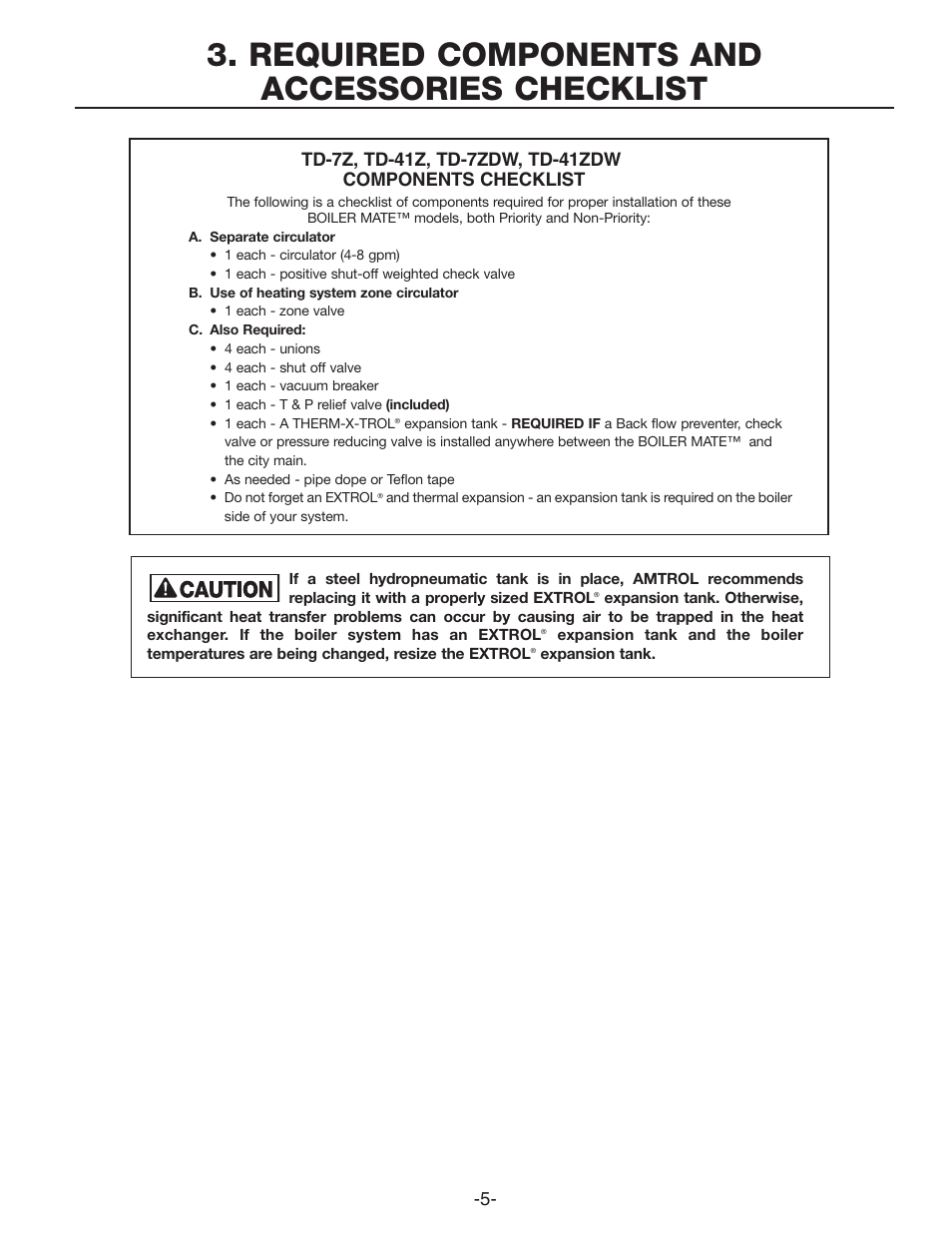 Required components and accessories checklist | Amtrol TD-7ZDW User Manual | Page 5 / 16