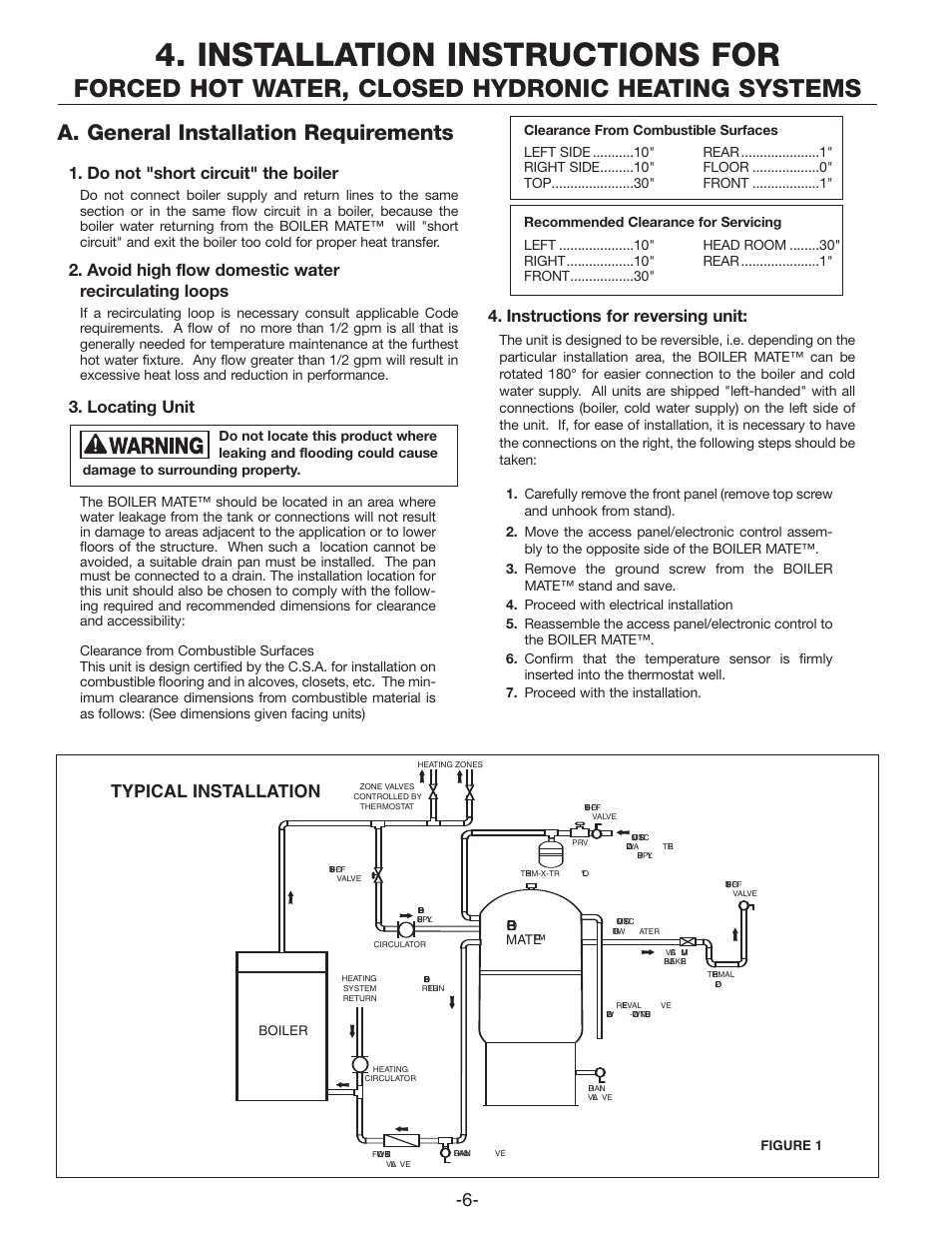 Installation instructions for, Forced hot water, closed hydronic heating systems, A. general installation requirements | Do not "short circuit" the boiler, Avoid high flow domestic water recirculating loops, Locating unit, Instructions for reversing unit, Typical installation | Amtrol TD-7ZDW User Manual | Page 6 / 16