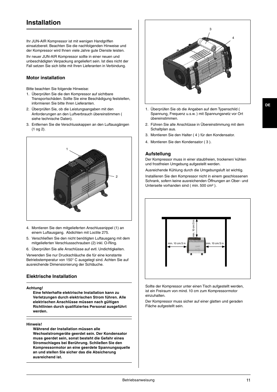 Installation, Motor installation, Elektrische installation | Aufstellung | JUN-AIR OF1202 series [no cabinet] User Manual | Page 11 / 60