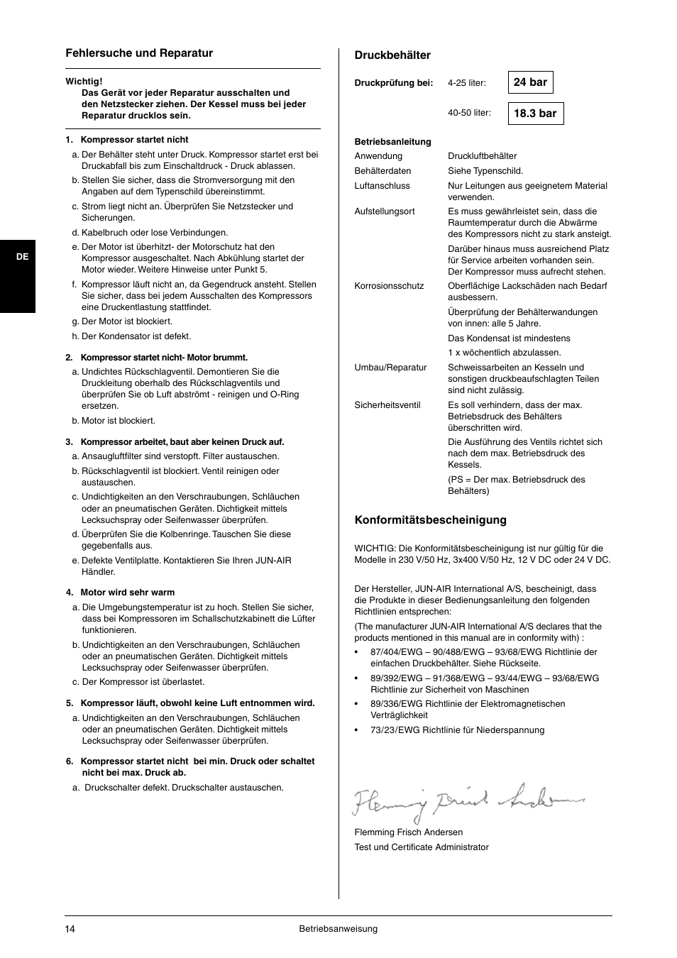 Fehlersuche und reparatur, Druckbehälter, Konformitätsbescheinigung | 3 bar 24 bar | JUN-AIR OF1202 series [no cabinet] User Manual | Page 14 / 60