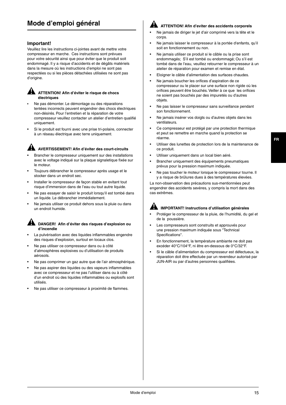 Mode d’emploi général, Important | JUN-AIR OF1202 series [no cabinet] User Manual | Page 15 / 60
