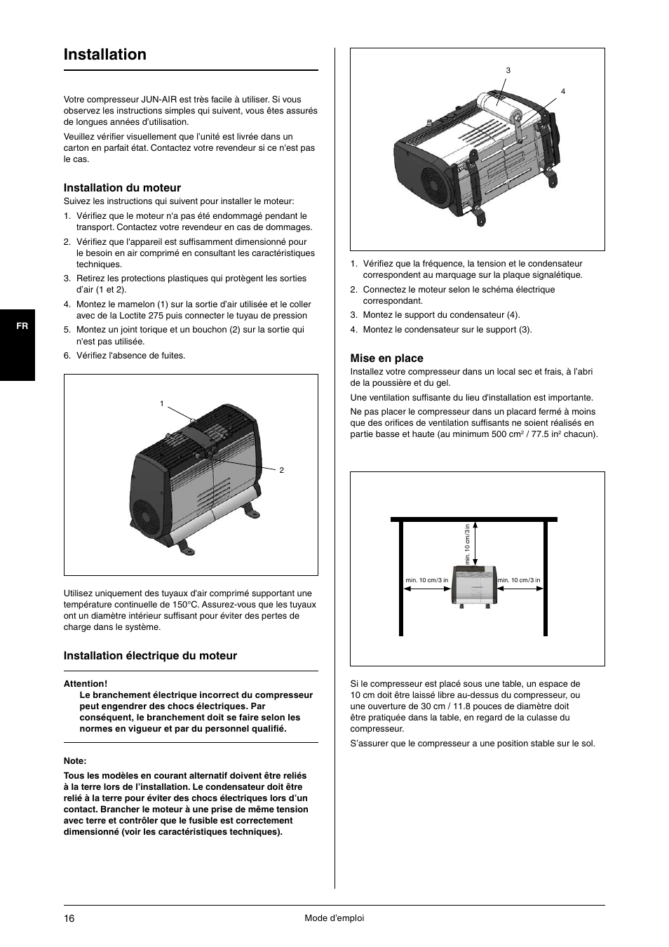 Installation, Installation du moteur, Installation électrique du moteur | Mise en place | JUN-AIR OF1202 series [no cabinet] User Manual | Page 16 / 60