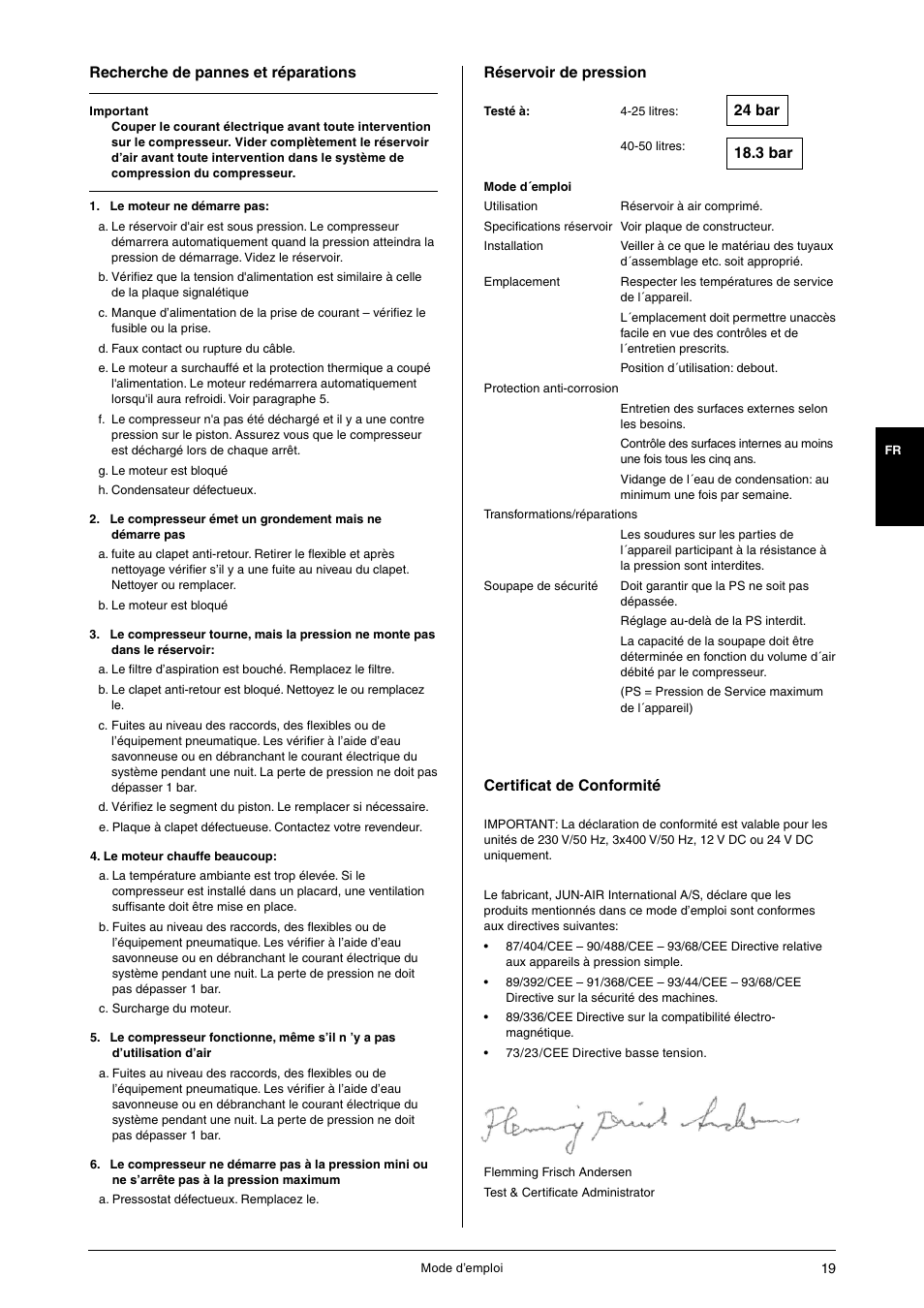 Recherche de pannes et réparations, Réservoir de pression, Certificat de conformité | 3 bar 24 bar | JUN-AIR OF1202 series [no cabinet] User Manual | Page 19 / 60