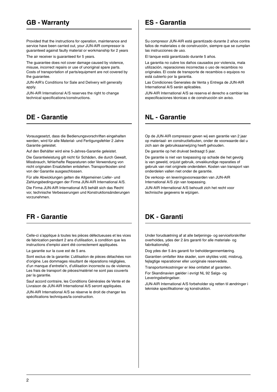 Gb - warranty, De - garantie, Fr - garantie | Es - garantia, Nl - garantie, Dk - garanti | JUN-AIR OF1202 series [no cabinet] User Manual | Page 2 / 60