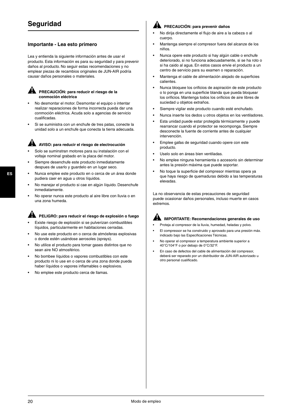 Seguridad, Importante - lea esto primero | JUN-AIR OF1202 series [no cabinet] User Manual | Page 20 / 60