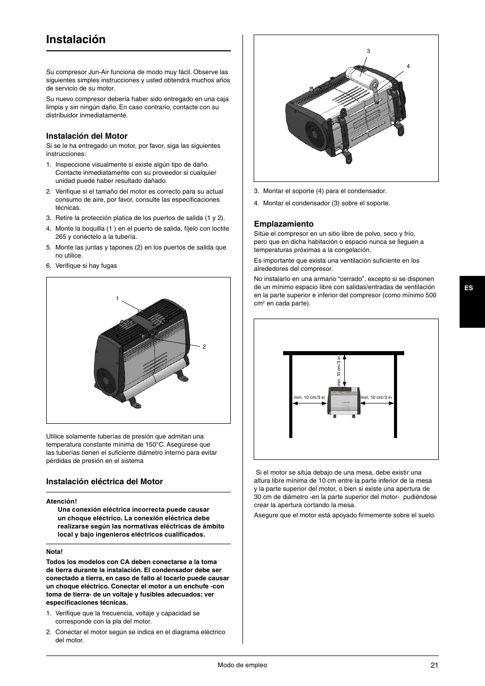 Instalación, Instalación del motor, Instalación eléctrica del motor | Emplazamiento | JUN-AIR OF1202 series [no cabinet] User Manual | Page 21 / 60
