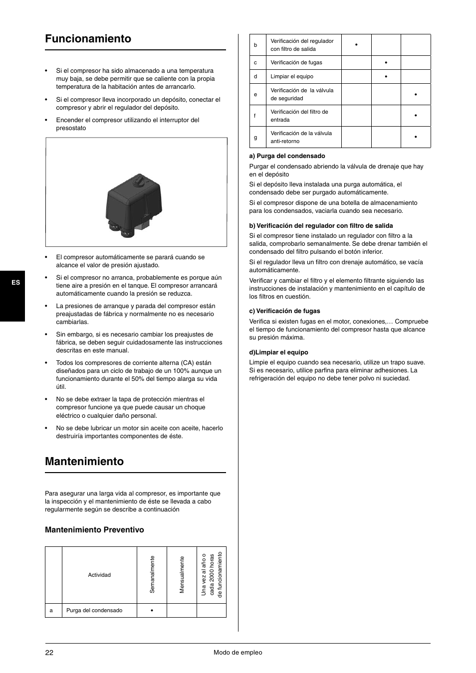 Funcionamiento, Mantenimiento, Mantenimiento preventivo | JUN-AIR OF1202 series [no cabinet] User Manual | Page 22 / 60