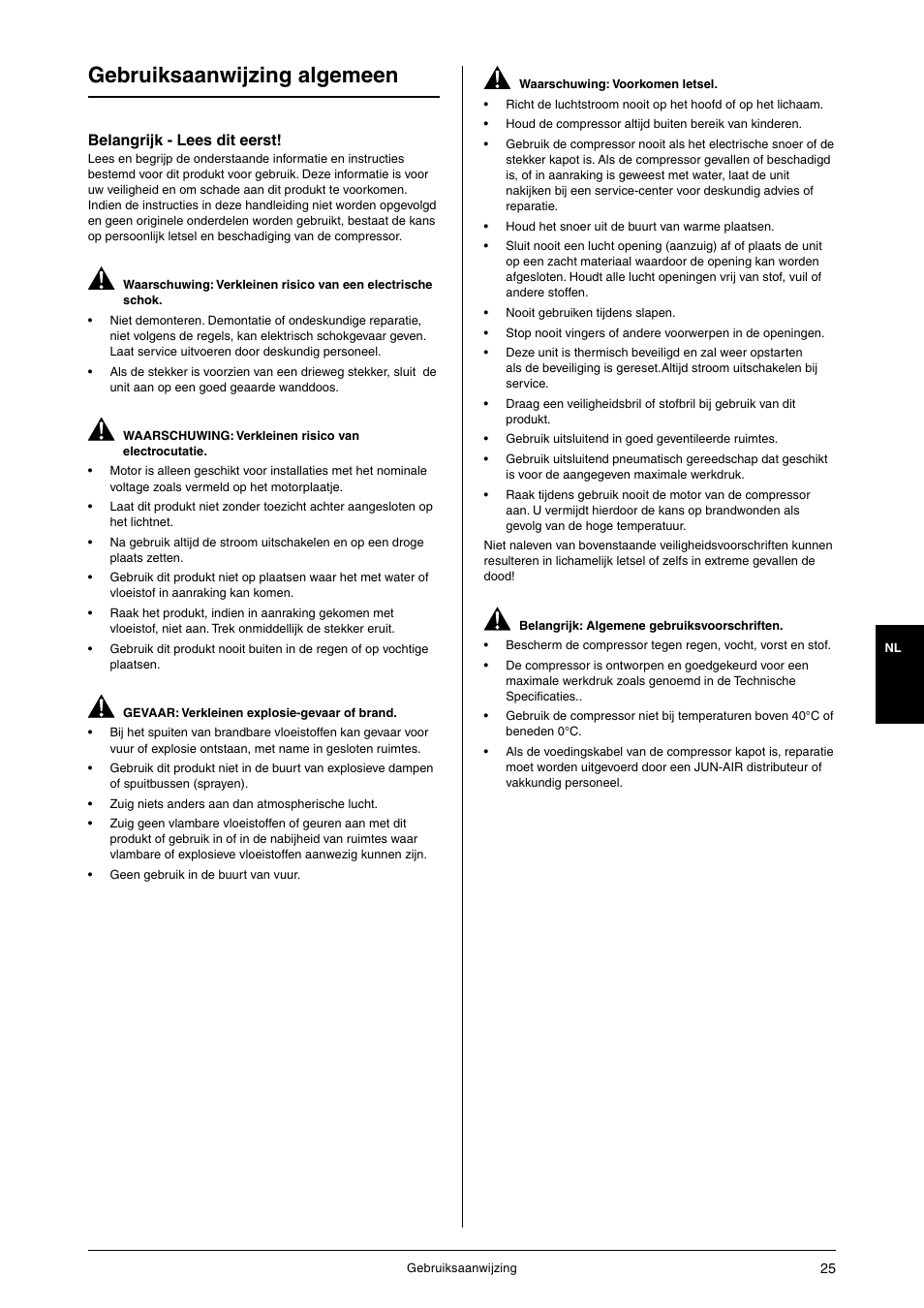 Gebruiksaanwijzing algemeen, Belangrijk - lees dit eerst | JUN-AIR OF1202 series [no cabinet] User Manual | Page 25 / 60