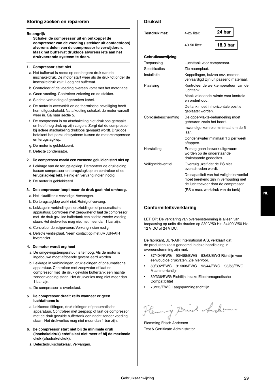Storing zoeken en repareren, Drukvat, Conformiteitsverklaring | JUN-AIR OF1202 series [no cabinet] User Manual | Page 29 / 60