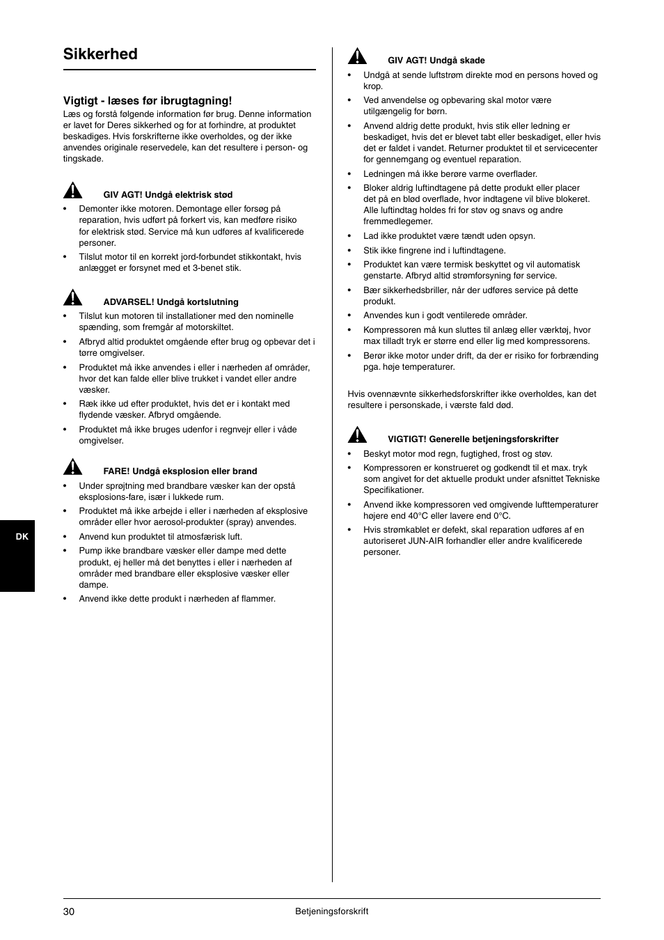 Sikkerhed, Vigtigt - læses før ibrugtagning | JUN-AIR OF1202 series [no cabinet] User Manual | Page 30 / 60