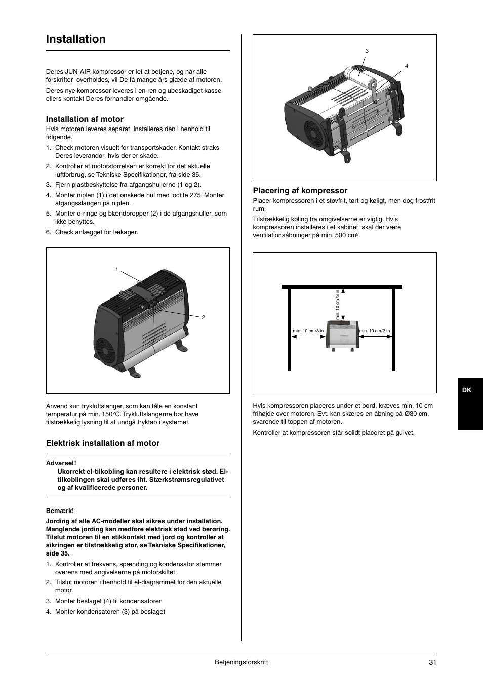 Installation, Installation af motor, Elektrisk installation af motor | Placering af kompressor | JUN-AIR OF1202 series [no cabinet] User Manual | Page 31 / 60