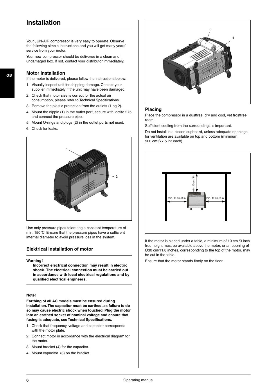 Installation, Motor installation, Elektrical installation of motor | Placing | JUN-AIR OF1202 series [no cabinet] User Manual | Page 6 / 60