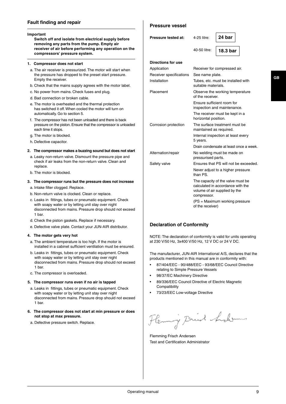 Fault finding and repair, Pressure vessel, Declaration of conformity | JUN-AIR OF1202 series [no cabinet] User Manual | Page 9 / 60