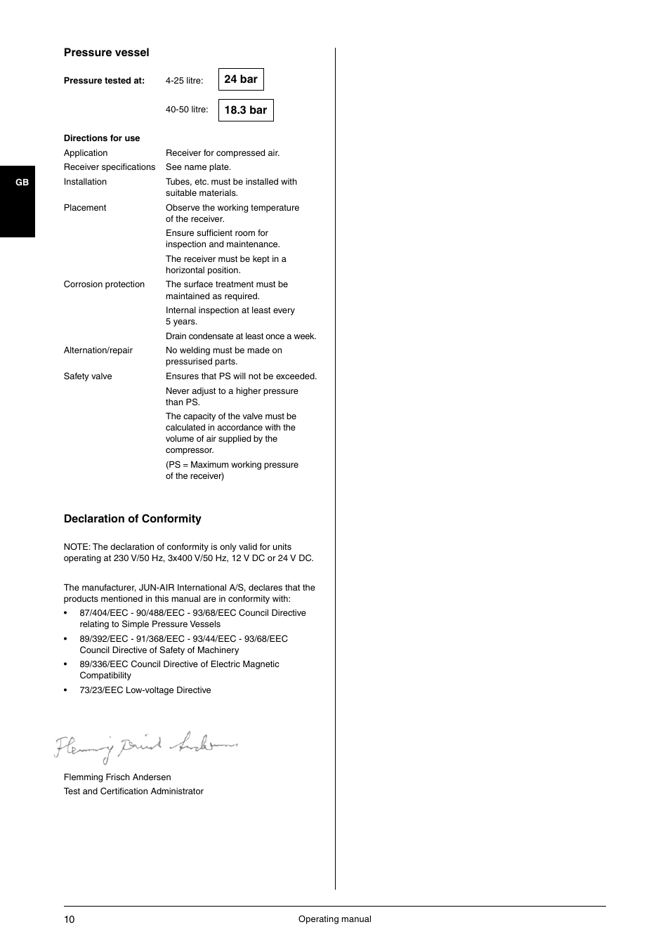 Pressure vessel, Declaration of conformity | JUN-AIR OF1202 series [cabinet] User Manual | Page 10 / 44