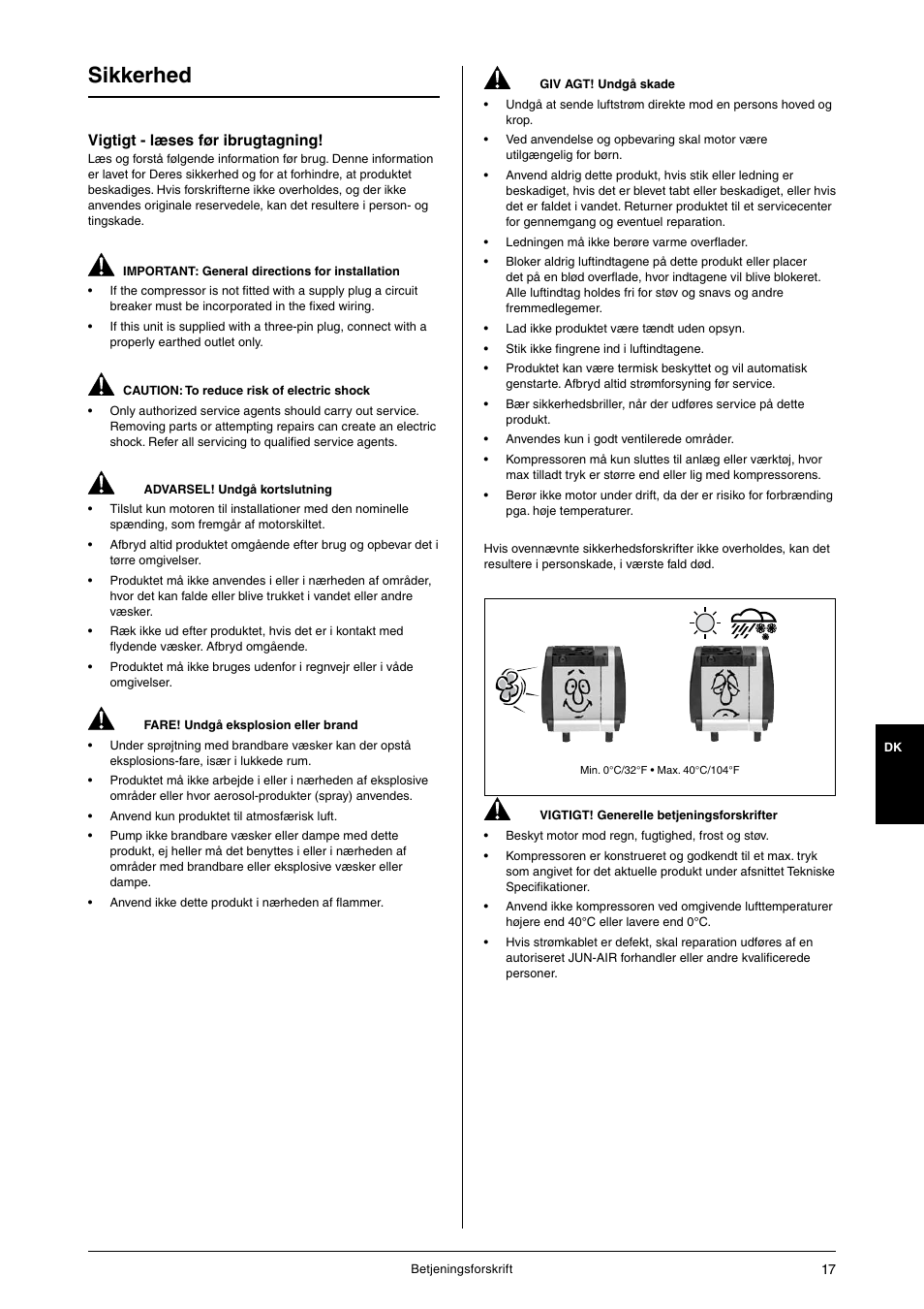 Sikkerhed, Vigtigt - læses før ibrugtagning | JUN-AIR OF1202 series [cabinet] User Manual | Page 17 / 44