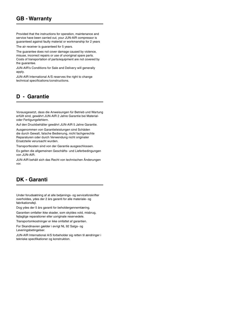 Gb - warranty, D - garantie, Dk - garanti | JUN-AIR OF1202 series [cabinet] User Manual | Page 2 / 44
