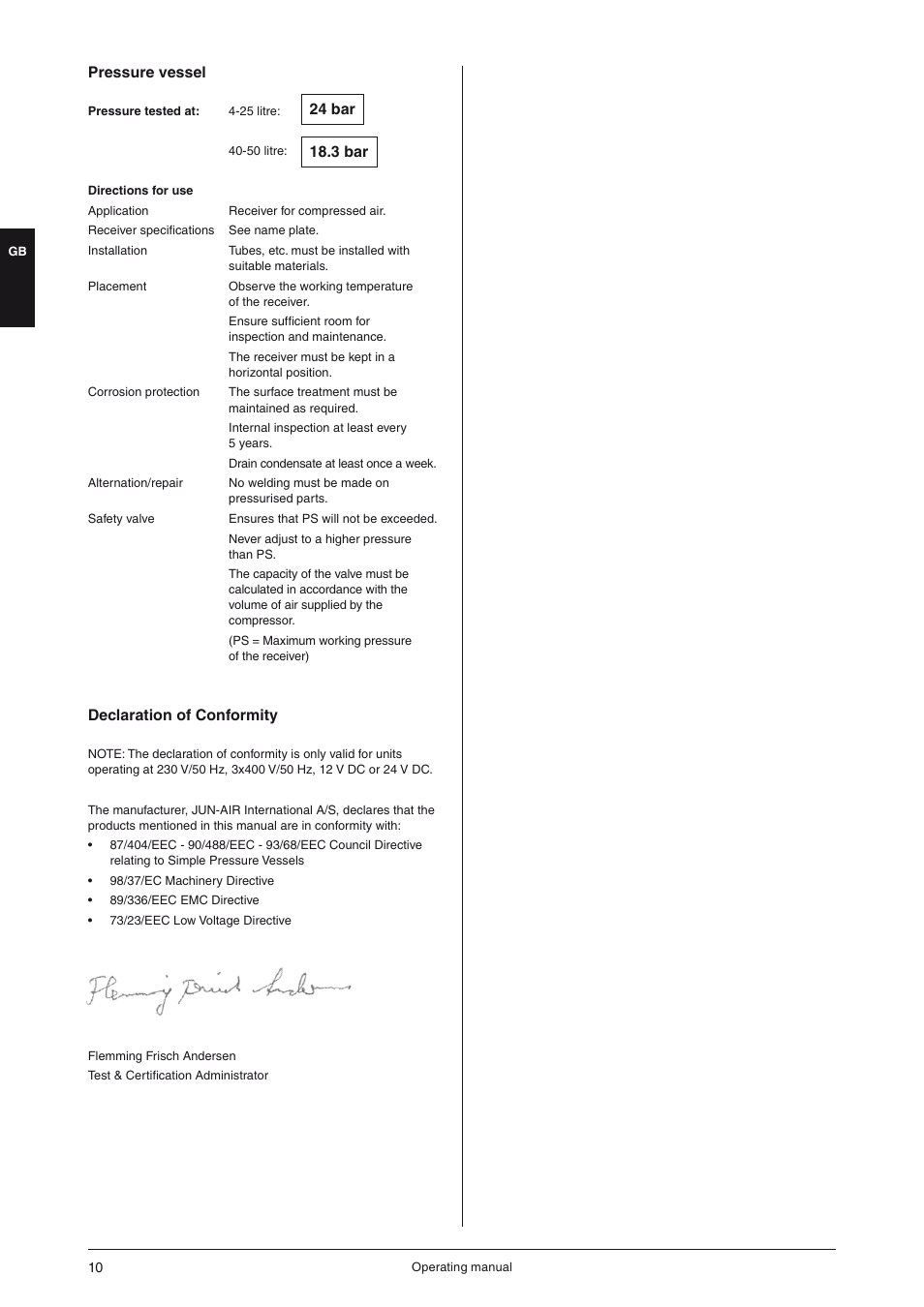 Pressure vessel, Declaration of conformity | JUN-AIR OF300 series [cabinet] User Manual | Page 10 / 48