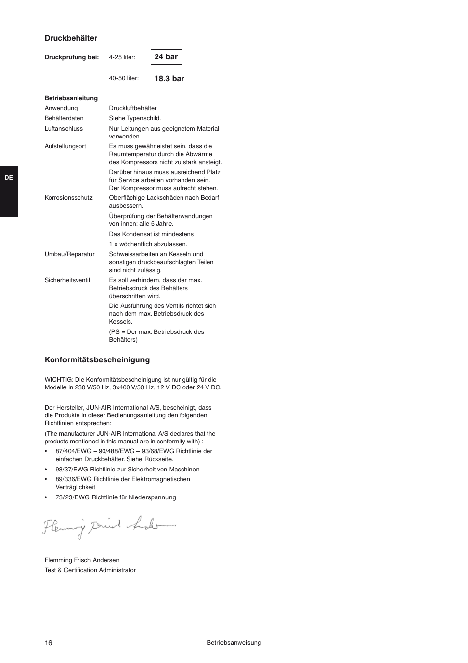 Druckbehälter, Konformitätsbescheinigung | JUN-AIR OF300 series [cabinet] User Manual | Page 16 / 48