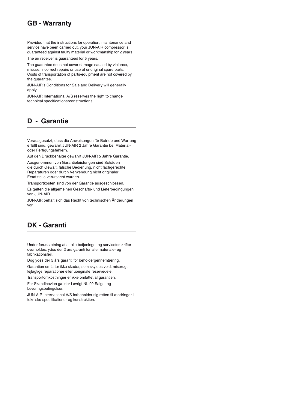 Gb - warranty, D - garantie, Dk - garanti | JUN-AIR OF300 series [cabinet] User Manual | Page 2 / 48