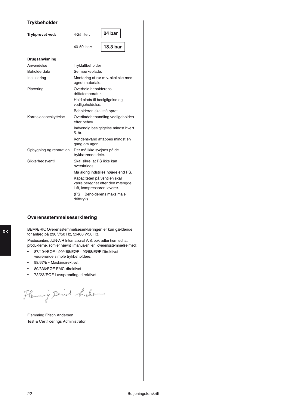 Trykbeholder, Overensstemmelseserklæring | JUN-AIR OF300 series [cabinet] User Manual | Page 22 / 48