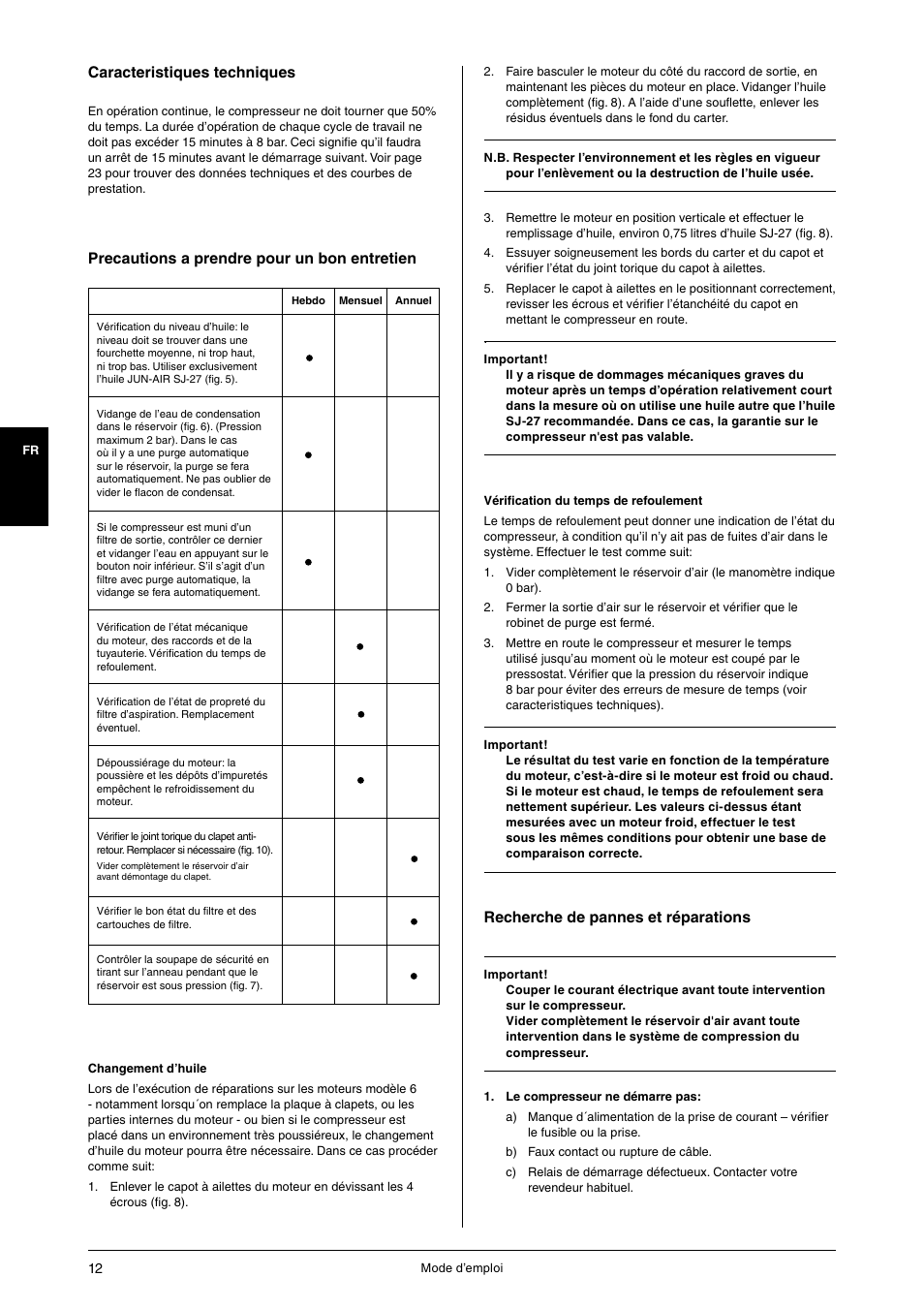 Precautions a prendre pour un bon entretien, Recherche de pannes et réparations, Caracteristiques techniques | JUN-AIR 3 series User Manual | Page 12 / 52