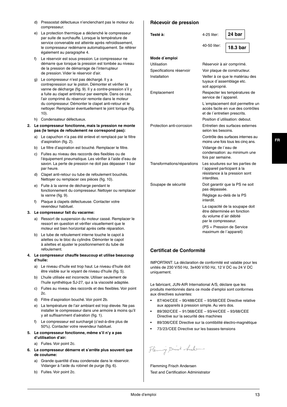 Récevoir de pression, Certificat de conformité | JUN-AIR 3 series User Manual | Page 13 / 52