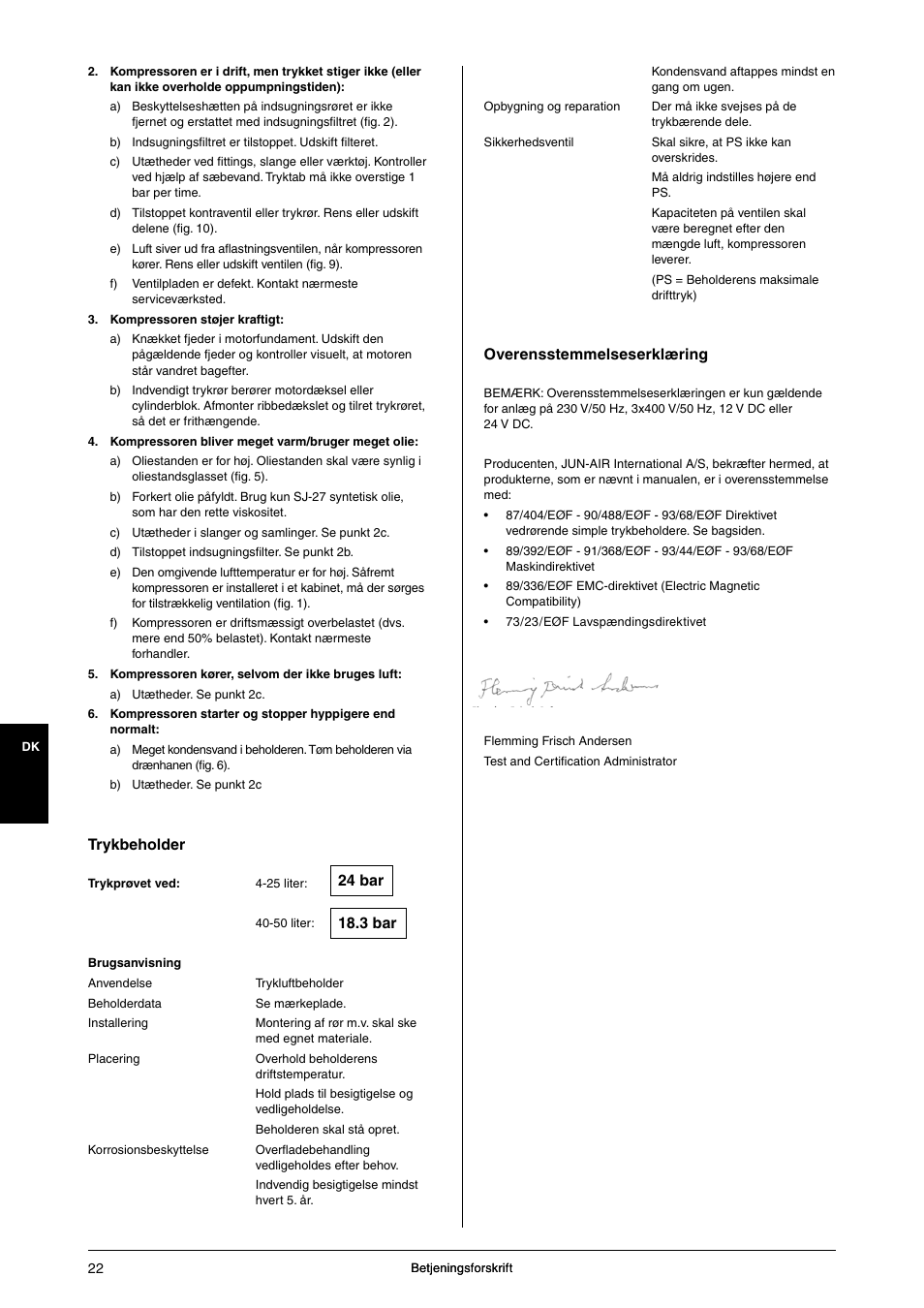 Trykbeholder, Overensstemmelseserklæring | JUN-AIR 3 series User Manual | Page 22 / 52