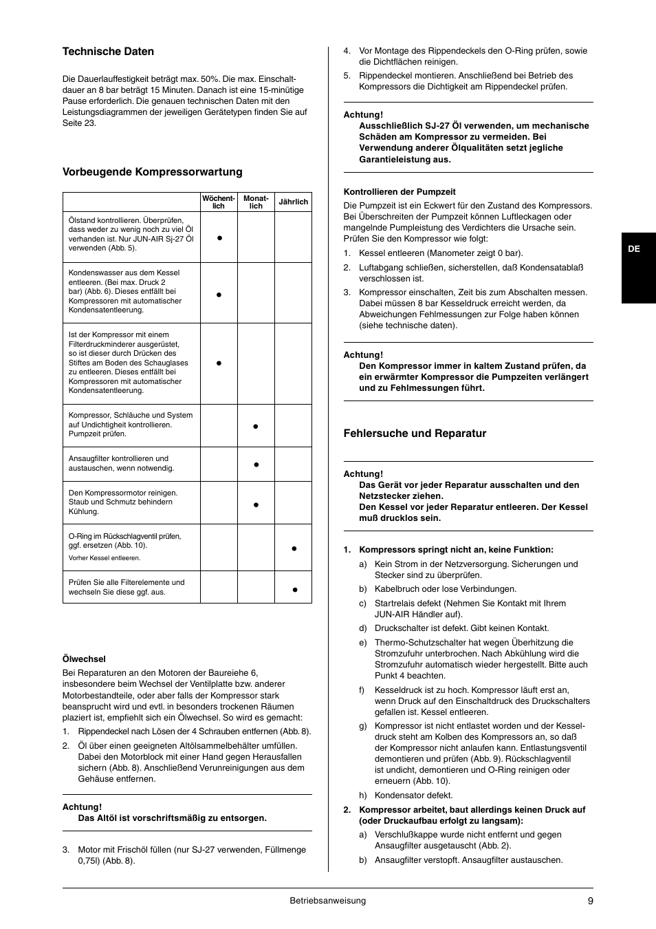 Vorbeugende kompressorwartung, Fehlersuche und reparatur, Technische daten | JUN-AIR 3 series User Manual | Page 9 / 52