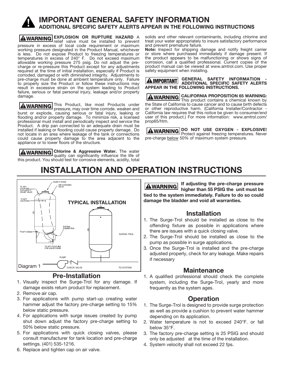 Installation and operation instructions, Important general safety information, Pre-installation | Installation, Maintenance, Operation | Amtrol SPT-28 User Manual | Page 2 / 4
