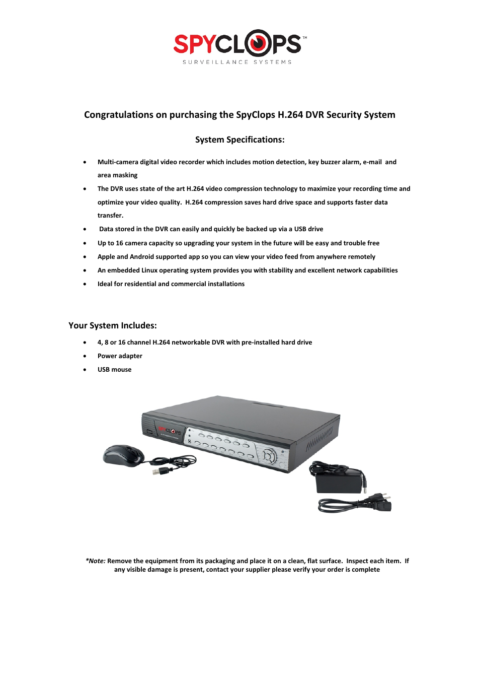 System specifications, Your system includes | Spyclops SPY-DVR16 User Manual User Manual | Page 2 / 17