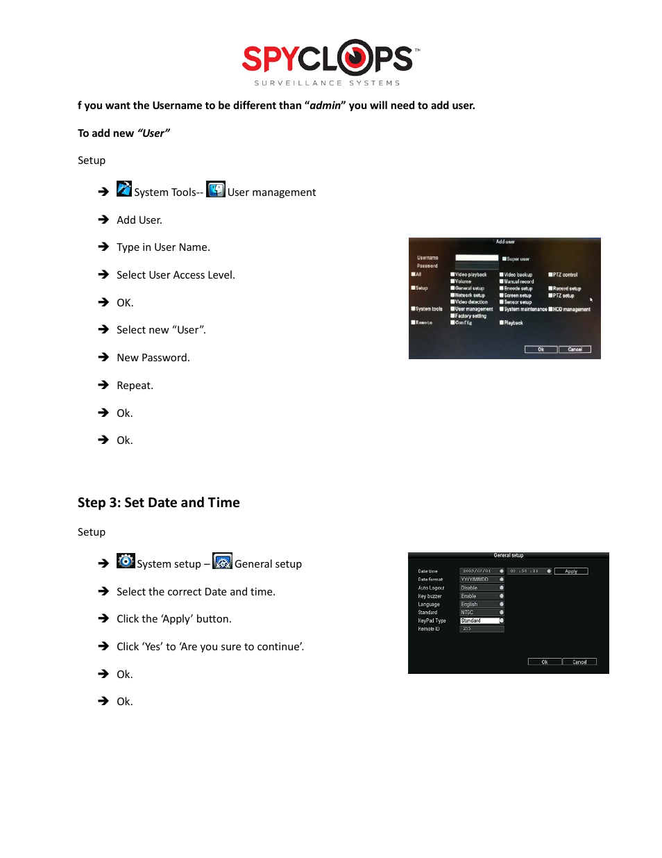 Step 3: set date and time | Spyclops SPY-DVR4960 Quick Start User Manual | Page 2 / 4
