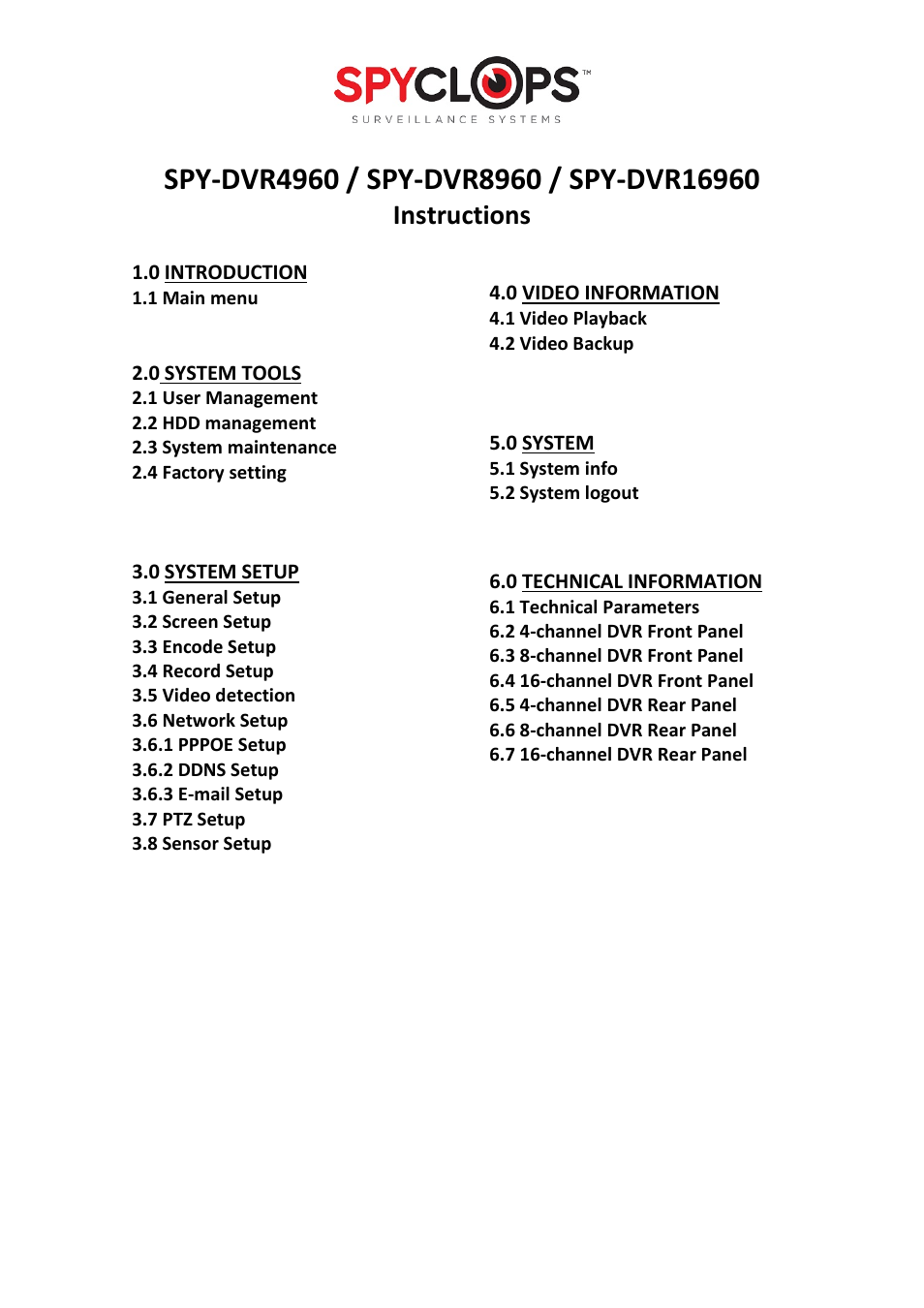 Spyclops SPY-DVR4960 User Manual User Manual | 18 pages