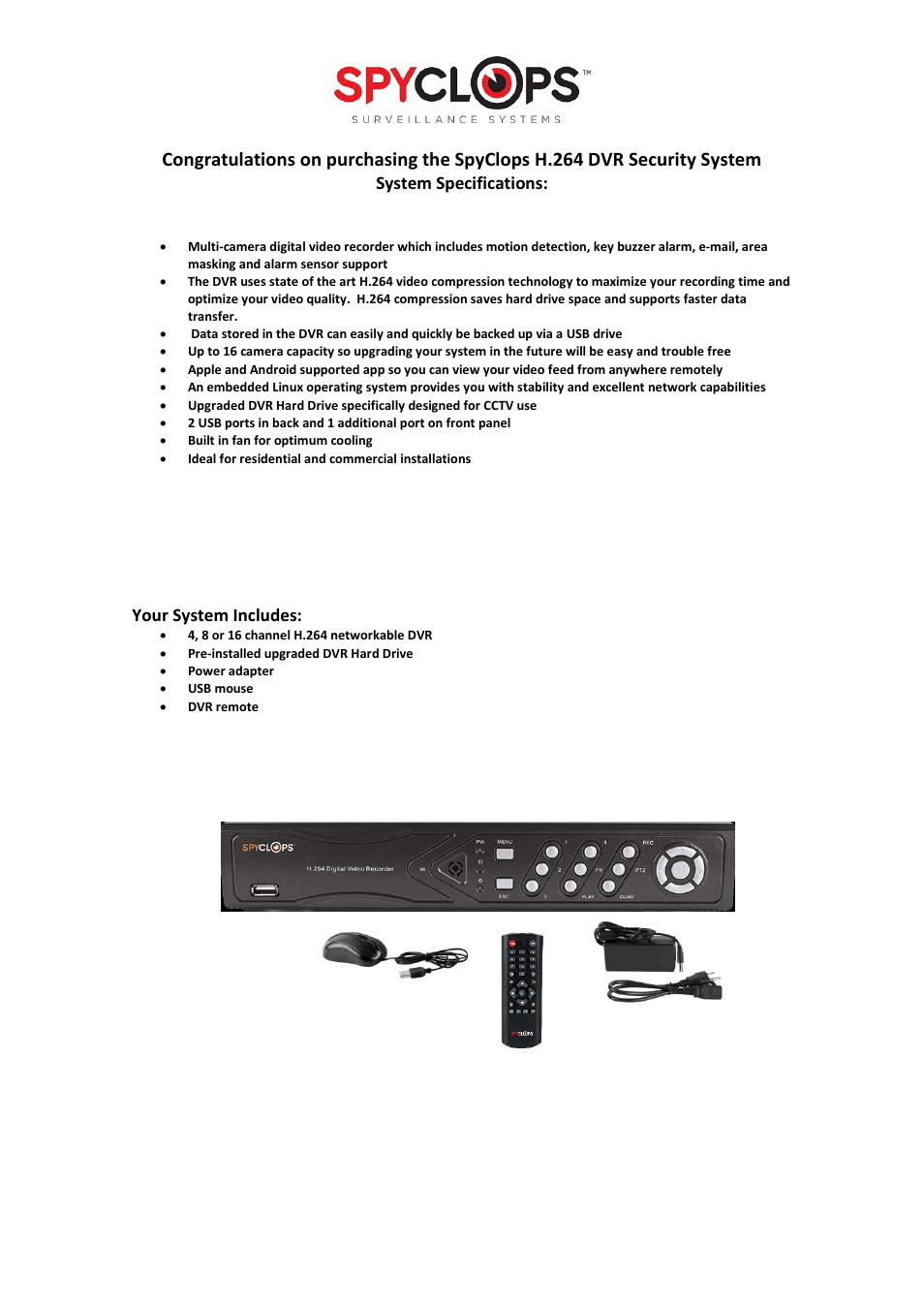 System specifications, Your system includes | Spyclops SPY-DVR4960 User Manual User Manual | Page 2 / 18