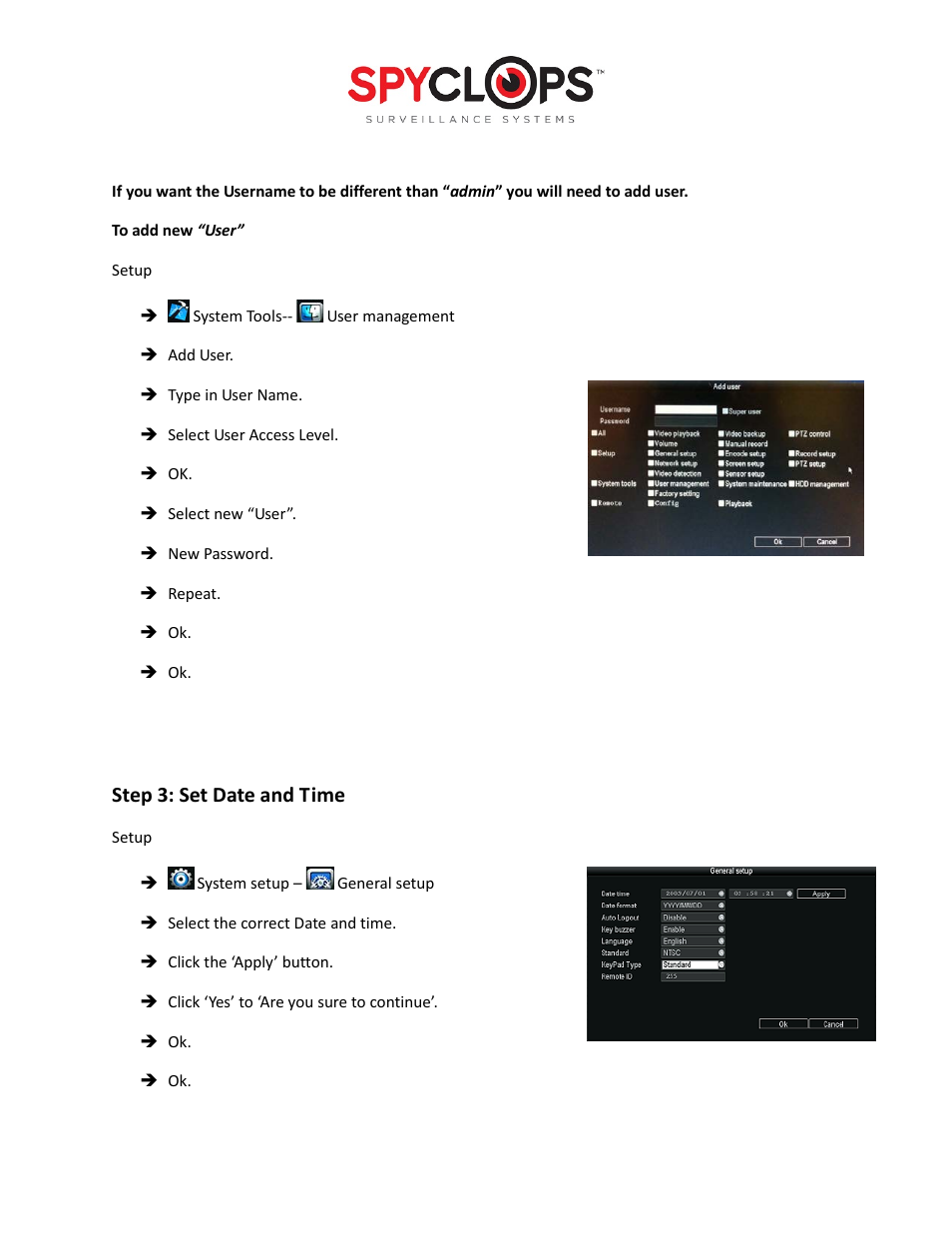 Step 3: set date and time | Spyclops SPY-DVR Kit (ALL KITS) Quick Start User Manual | Page 4 / 6