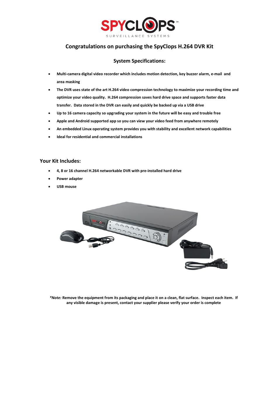 System specifications, Your kit includes | Spyclops SPY-DVR Kit (ALL KITS) User Manual User Manual | Page 3 / 16