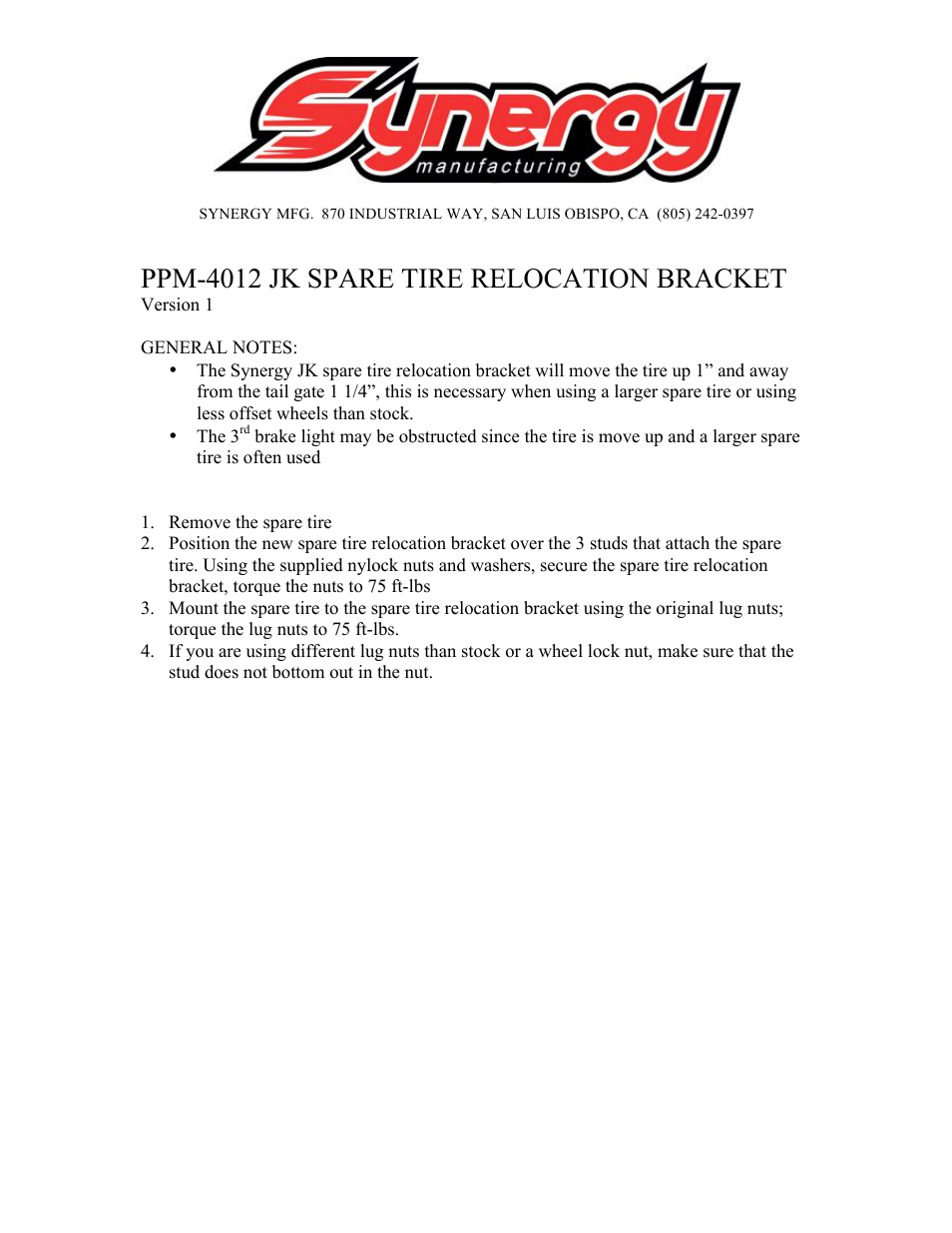 Synergy 4012 - Jeep JK Spare Tire Relocation Bracket User Manual | 1 page