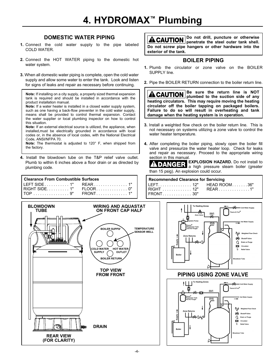 Hydromax, Plumbing, Domestic water piping | Boiler piping, Piping using zone valve | Amtrol HYDROMAX HM-41L User Manual | Page 4 / 12