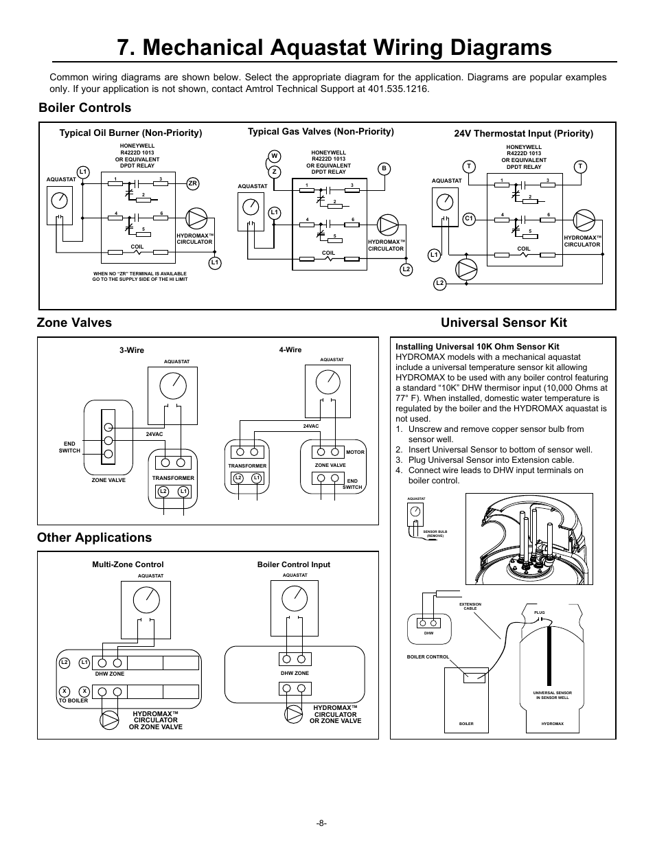 Mechanical aquastat wiring diagrams, Typical oil burner (non-priority), Typical gas valves (non-priority) | 24v thermostat input (priority) | Amtrol HYDROMAX HM-41L User Manual | Page 8 / 12